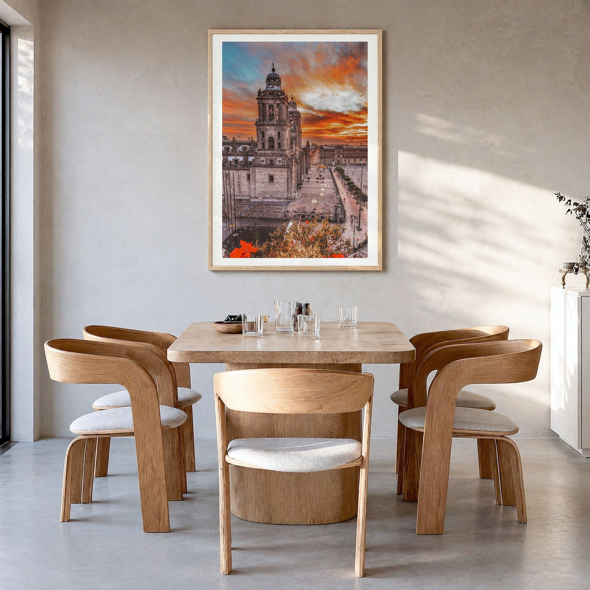 Mexico City Photo No 2 Poster in a natural wood frame, hanging in a dining room, white border
