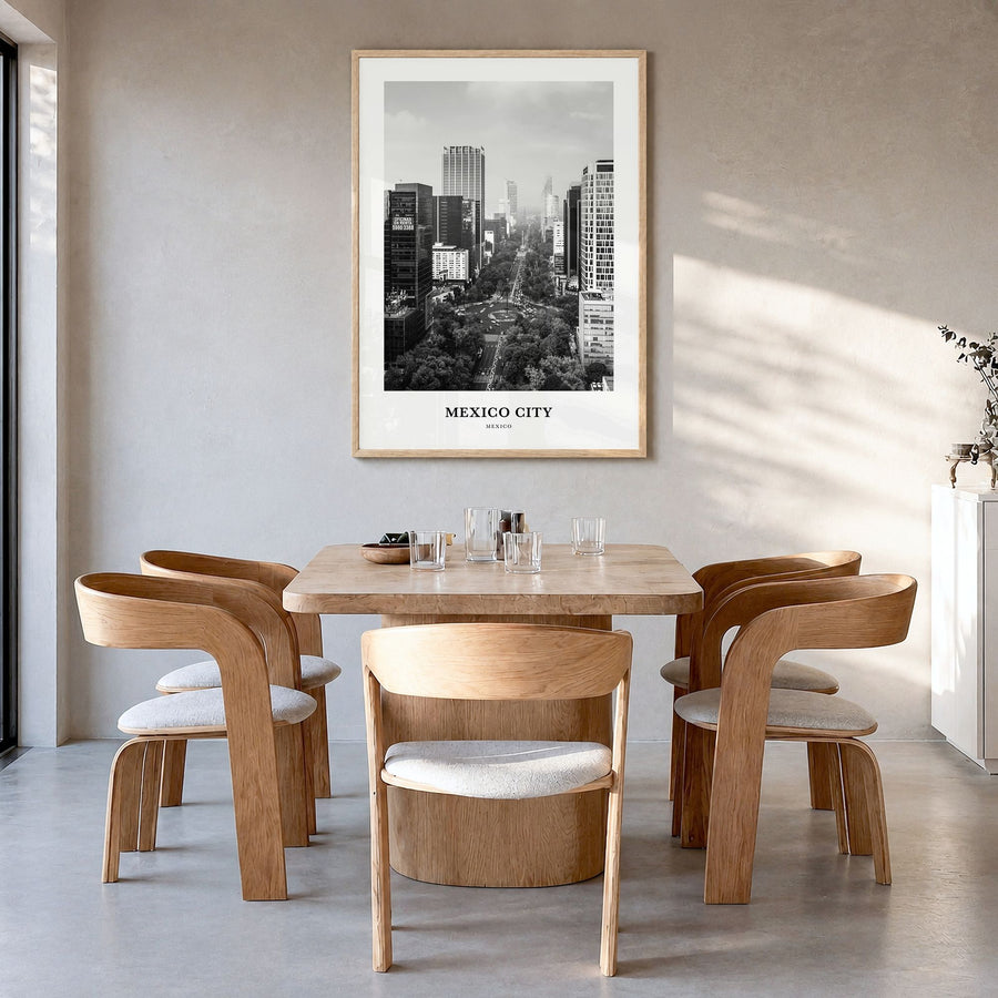Mexico City Classic No 1 Poster in a natural wood frame, hanging in a dining room