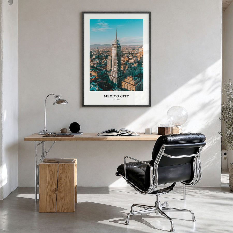 Mexico City Classic No 1 Poster in a black wood frame, hanging in a bright home office