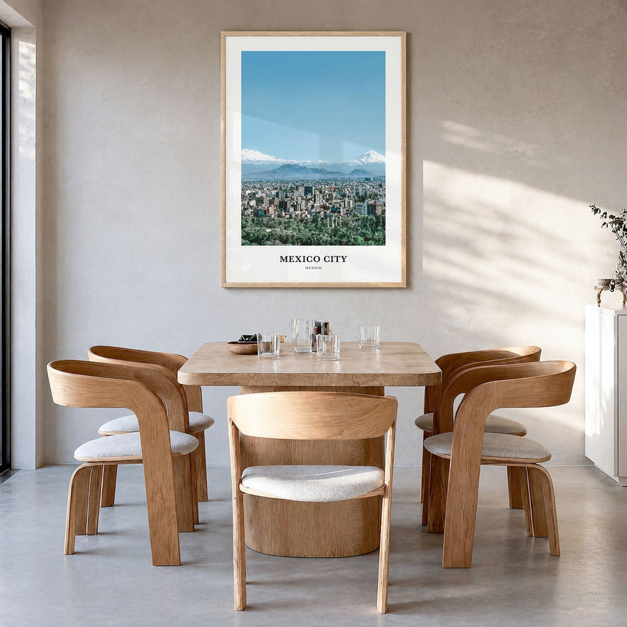 Mexico City Classic No 2 Poster in a natural wood frame, hanging in a dining room
