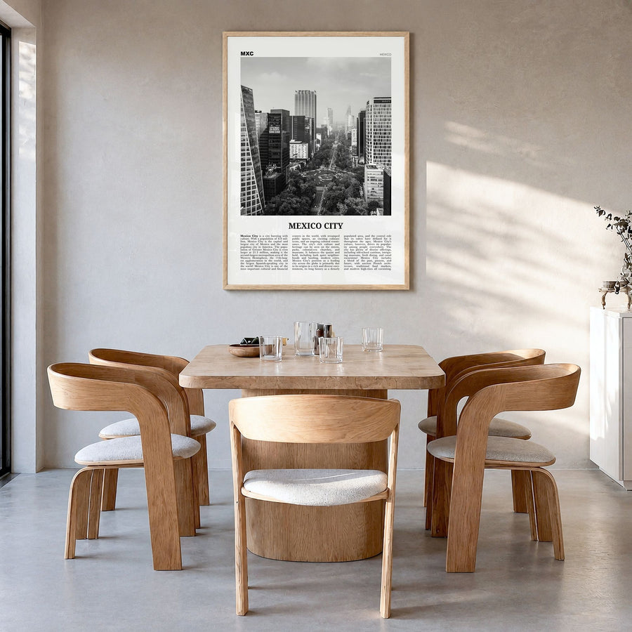 Mexico City Newspaper No 1 Poster in a natural wood frame, hanging in a dining room