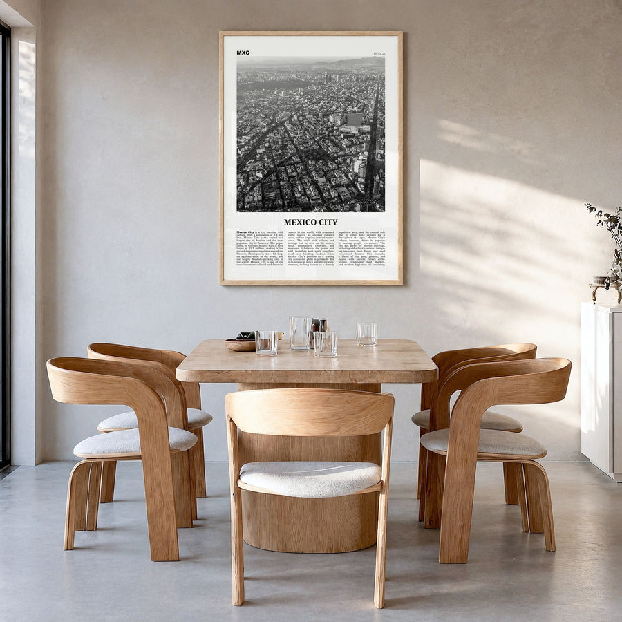 Mexico City Newspaper No 3 Poster in a natural wood frame, hanging in a dining room