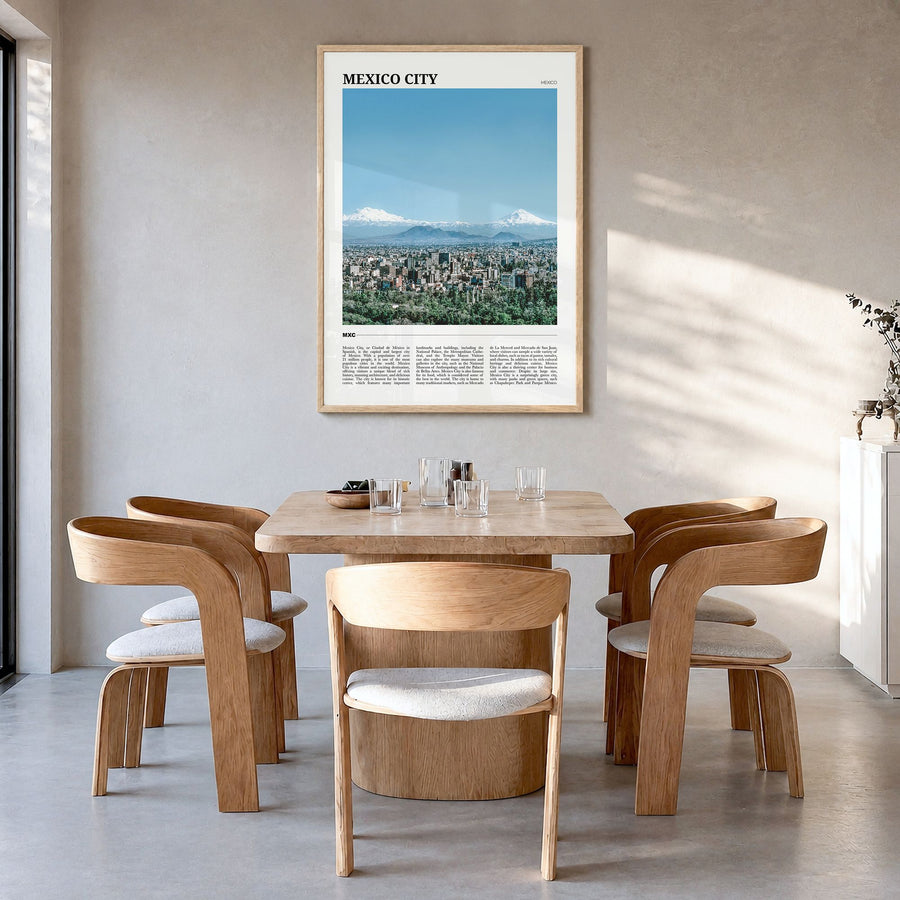 Mexico City Travel No 2 Poster in a natural wood frame, hanging in a dining room