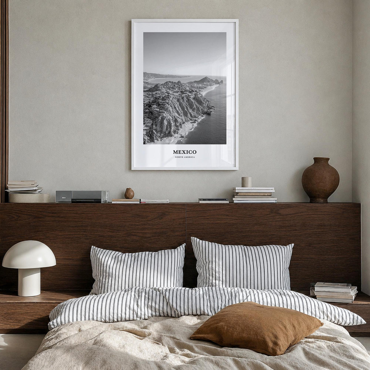 Mexico no. 2 black & white classic poster of North America – vertical wall art in white wood frame, hanging on wall