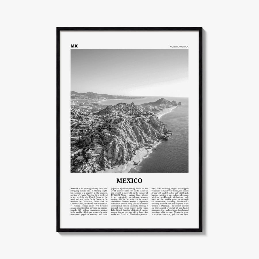 Mexico no. 2 black & white newspaper poster of North America – vertical wall art, unframed print shown in interior mockup