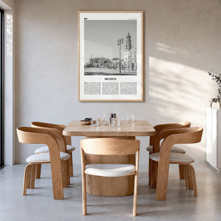 Mexico Newspaper No 4 Poster in a natural wood frame, hanging in a dining room
