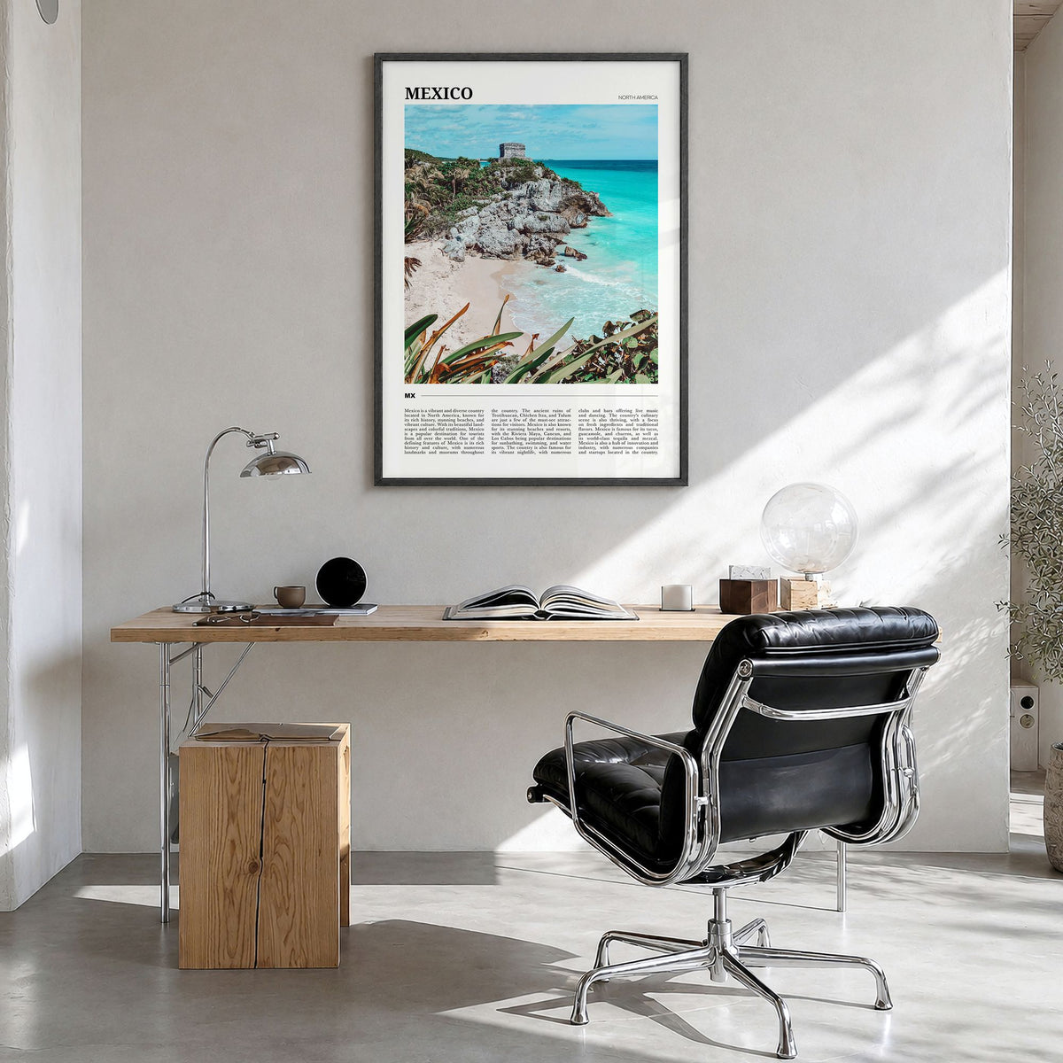 Mexico Travel No 2 Poster in a black wood frame, hanging in a bright home office