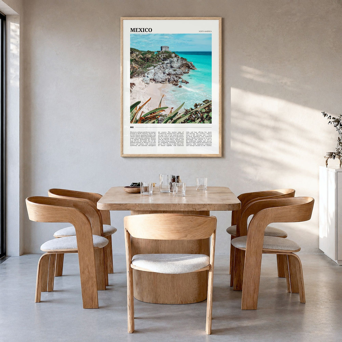 Mexico Travel No 2 Poster in a natural wood frame, hanging in a dining room