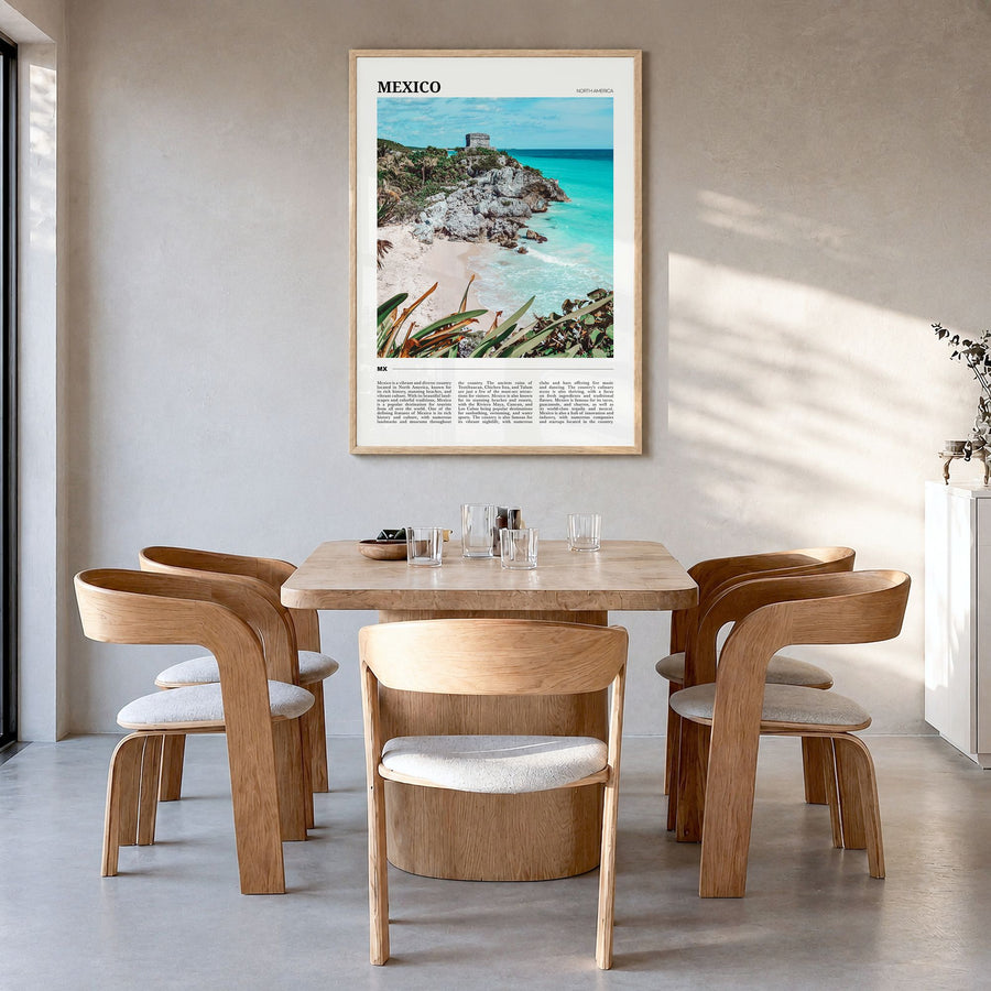 Mexico Travel No 2 Poster in a natural wood frame, hanging in a dining room
