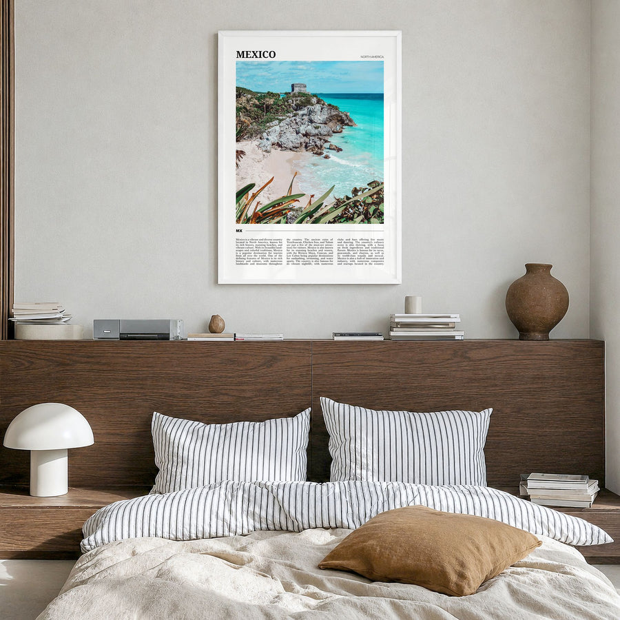 Mexico Travel No 2 Poster in a white wood frame, hanging in a bedroom