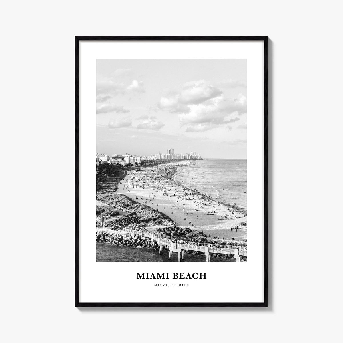 Miami Beach black & white classic poster of Florida, USA – vertical wall art, unframed print shown in interior mockup