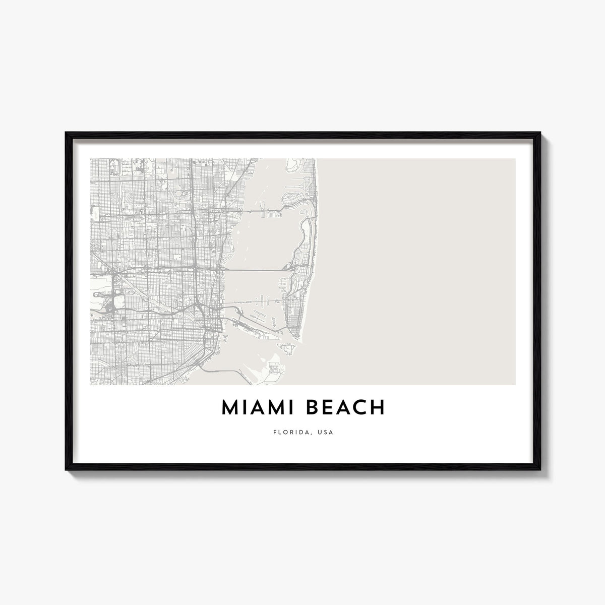 Miami Beach black & white map poster of Florida, USA – horizontal wall art, unframed print shown in interior mockup