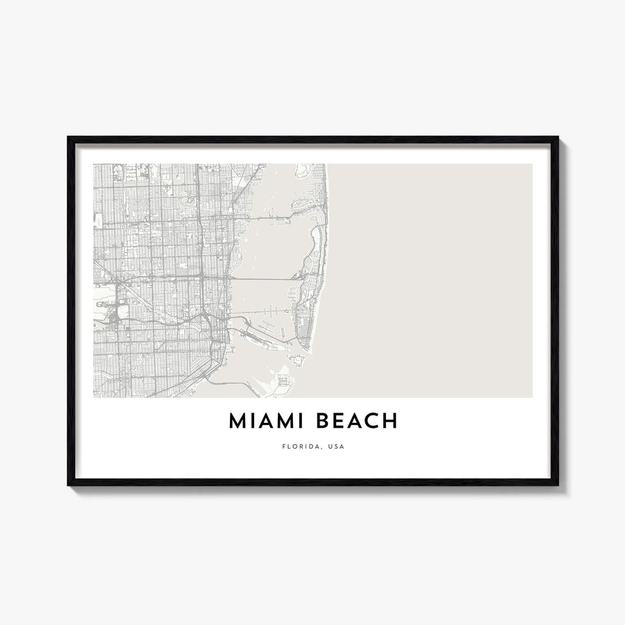 Miami Beach black & white map poster of Florida, USA – horizontal wall art, unframed print shown in interior mockup