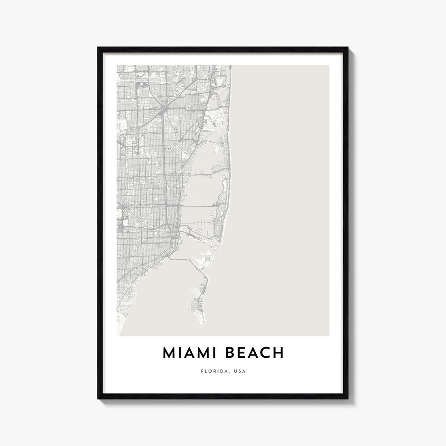 Miami Beach black & white map poster of Florida, USA – vertical wall art, unframed print shown in interior mockup