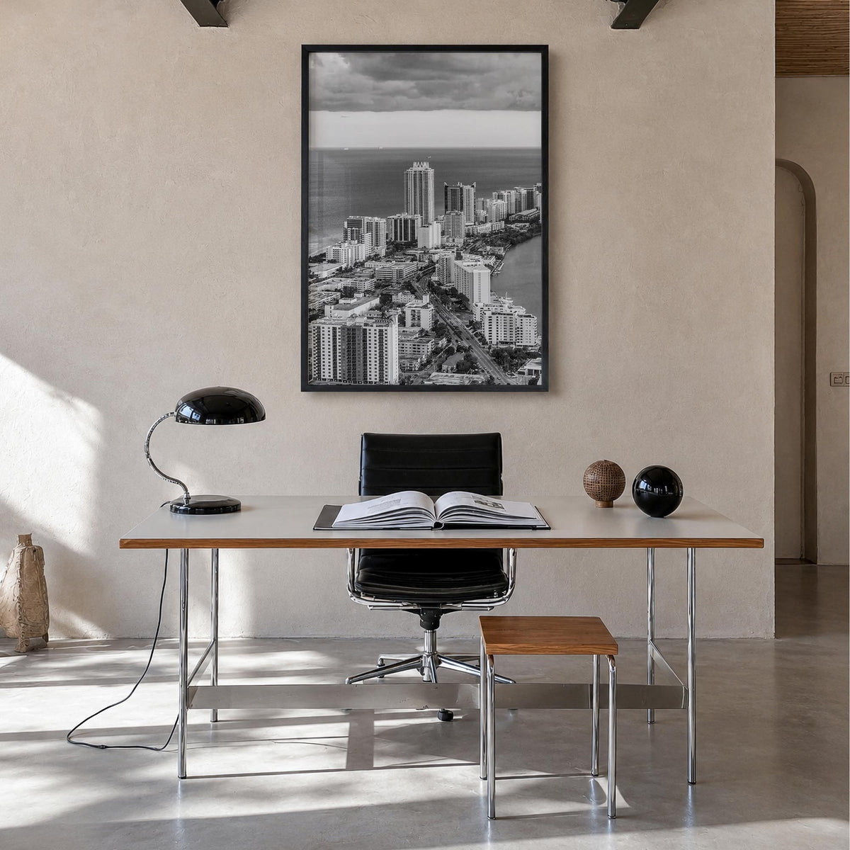Miami Beach black & white photo poster of Florida, USA – vertical wall art in black wood frame, hanging on wall
