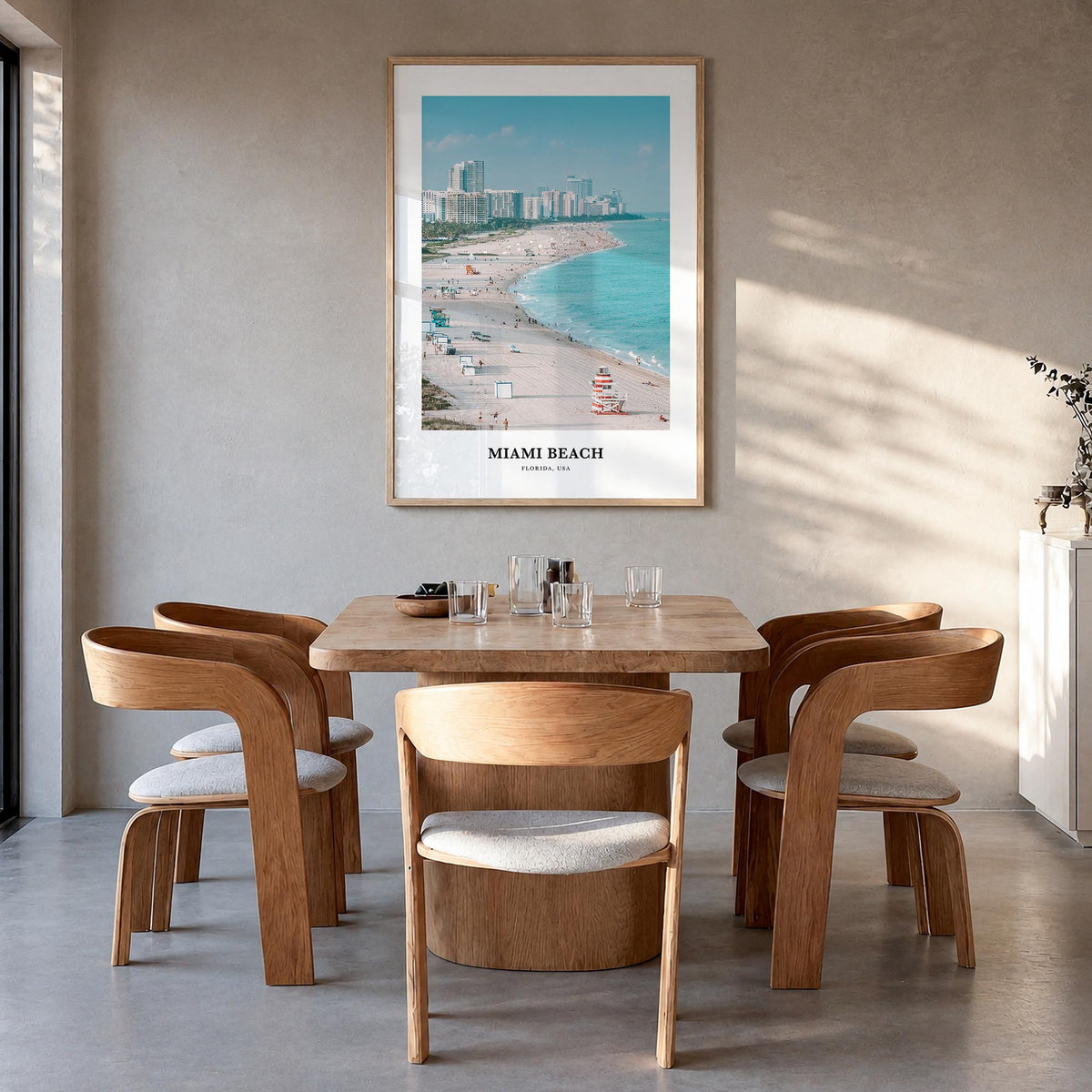 Miami Beach colorful classic poster of Florida, USA – vertical wall art in natural wood frame, hanging on wall