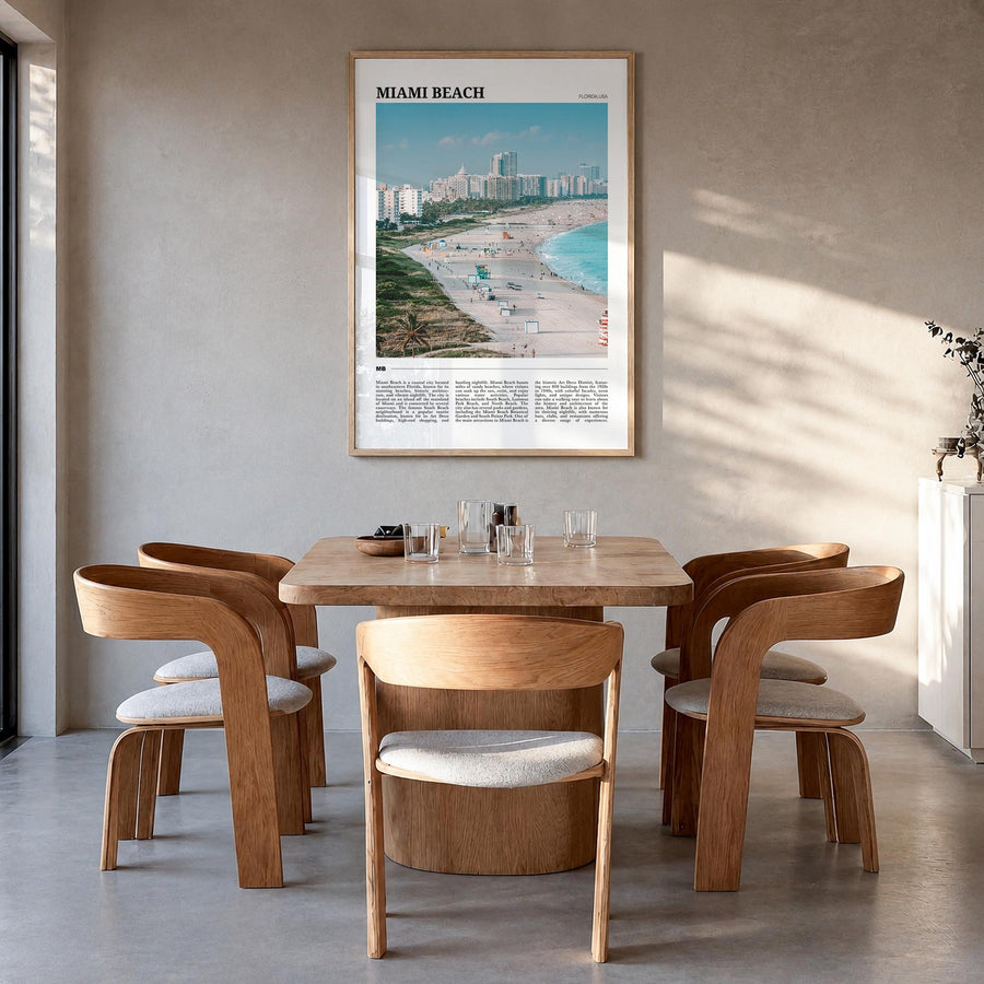 Miami Beach colorful travel poster of Florida, USA – vertical wall art in natural wood frame, hanging on wall