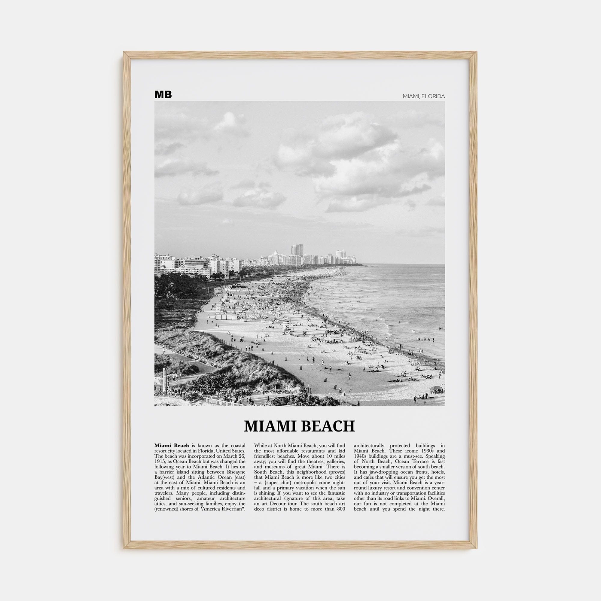 Miami Beach Poster Natural Wood / 8x12 in Nbourhood Travel B&W Poster