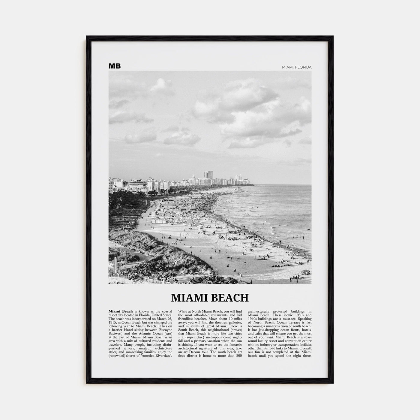 Miami Beach Poster Black Wood / 8x12 in Nbourhood Travel B&W Poster