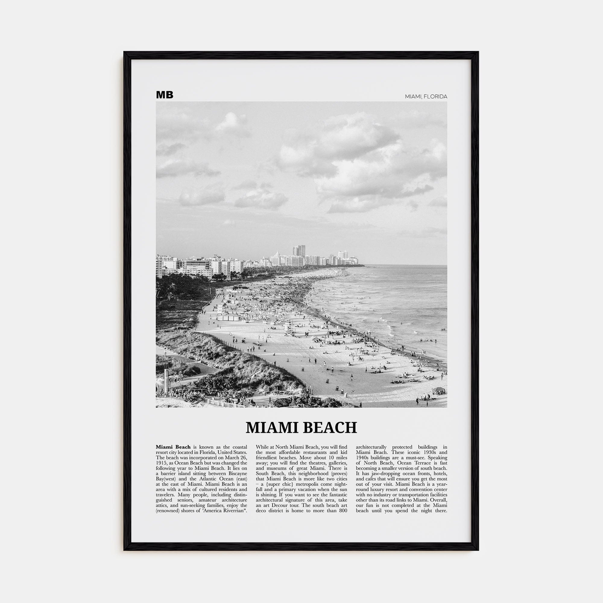 Miami Beach Poster Black Wood / 8x12 in Nbourhood Travel B&W Poster