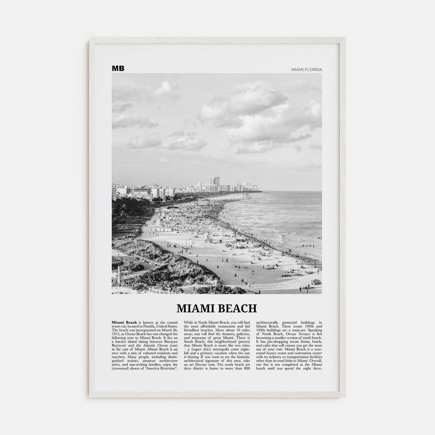 Miami Beach Poster White Wood / 8x12 in Nbourhood Travel B&W Poster