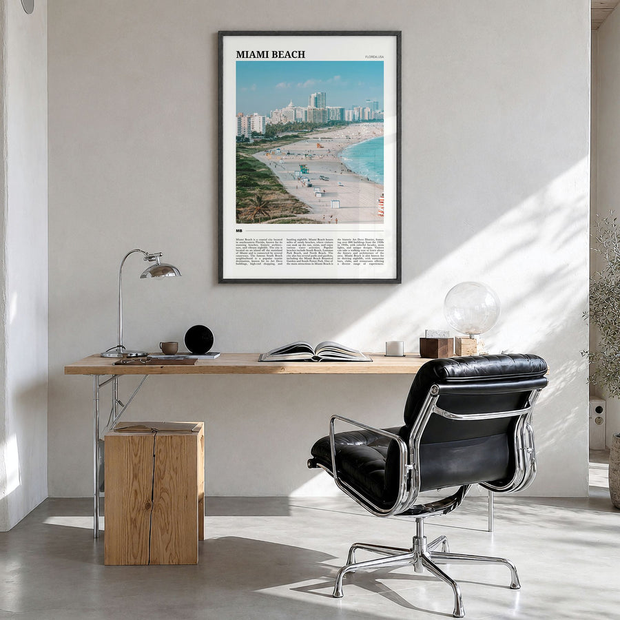 Miami Beach Travel Poster in a black wood frame, hanging in a bright home office