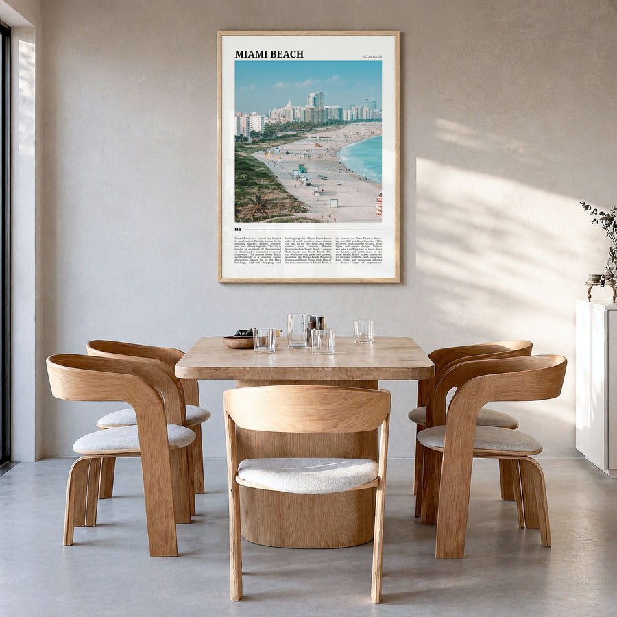 Miami Beach Travel Poster in a natural wood frame, hanging in a dining room