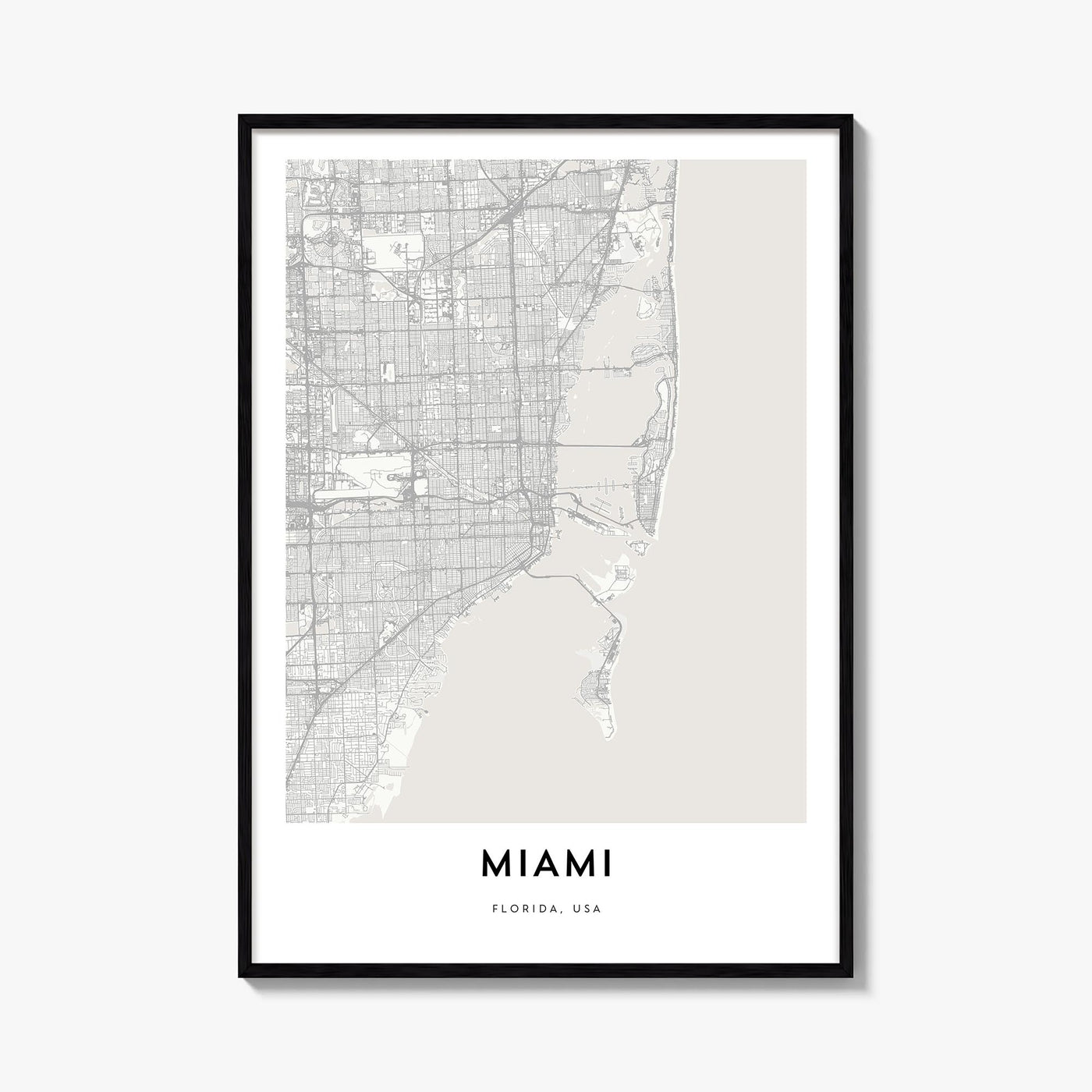 Miami black & white map poster of Florida, USA – vertical wall art, unframed print shown in interior mockup