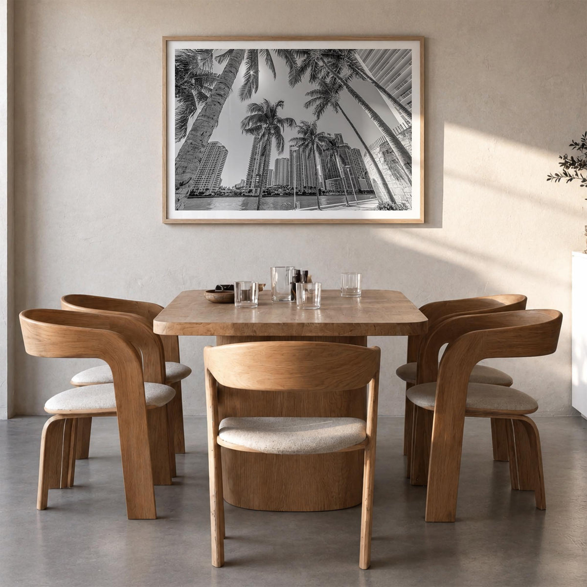 Miami black & white photo poster of Florida, USA – horizontal wall art in natural wood frame with white border, hanging on wa