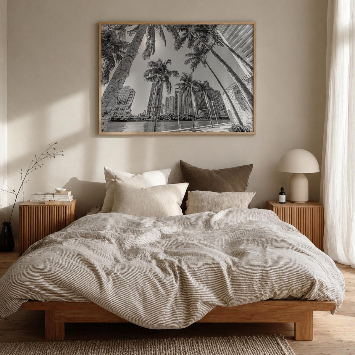 Miami black & white photo poster of Florida, USA – horizontal wall art in natural wood frame, hanging on wall