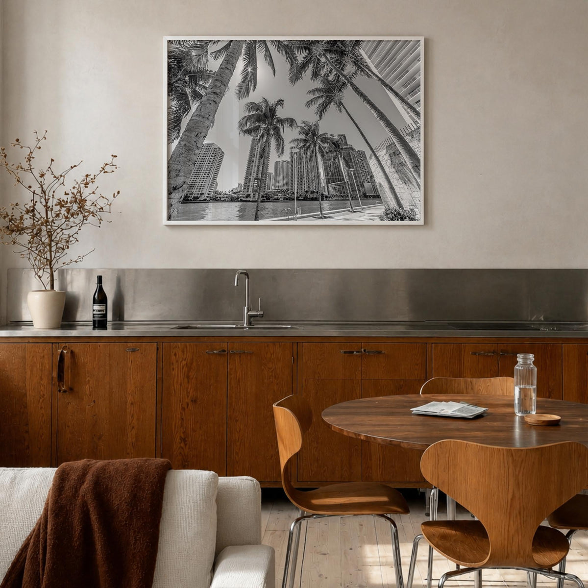 Miami black & white photo poster of Florida, USA – horizontal wall art in white wood frame, hanging on wall