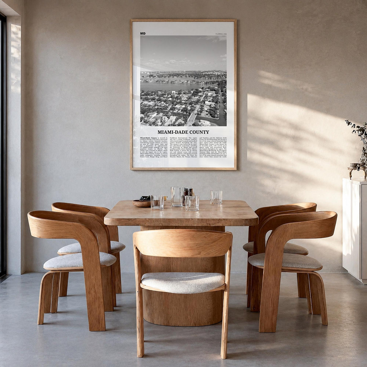 Miami-Dade County black & white newspaper poster of Florida, USA – vertical wall art in natural wood frame, hanging on wall