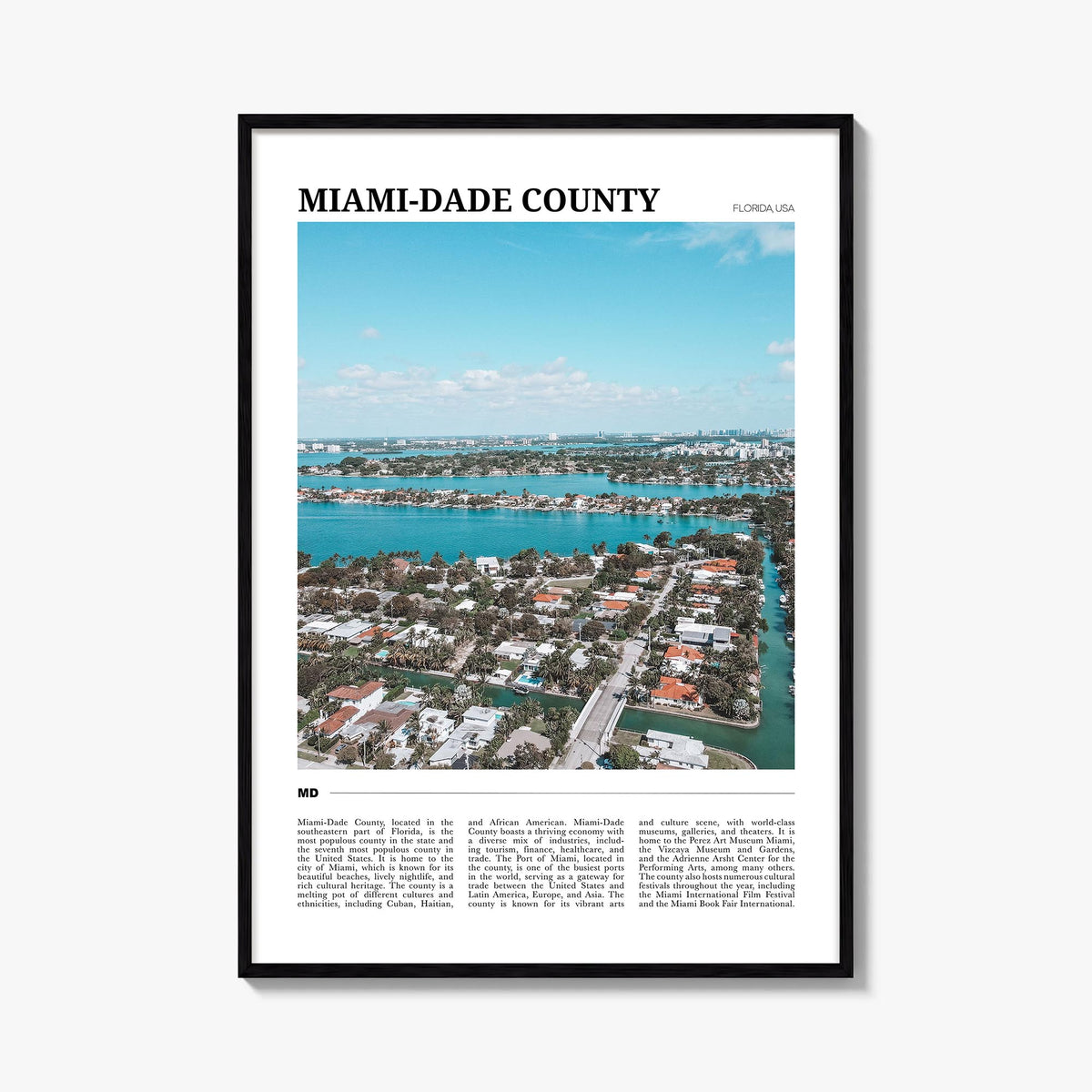 Miami-Dade County colorful travel poster of Florida, USA – vertical wall art, unframed print shown in interior mockup