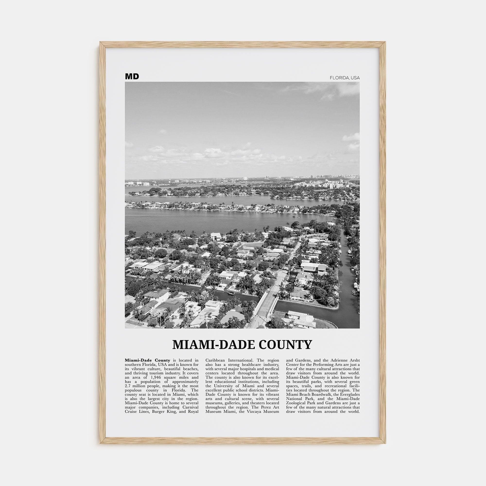 Miami-Dade County Poster Natural Wood / 8x12 in Nbourhood Travel B&W Poster