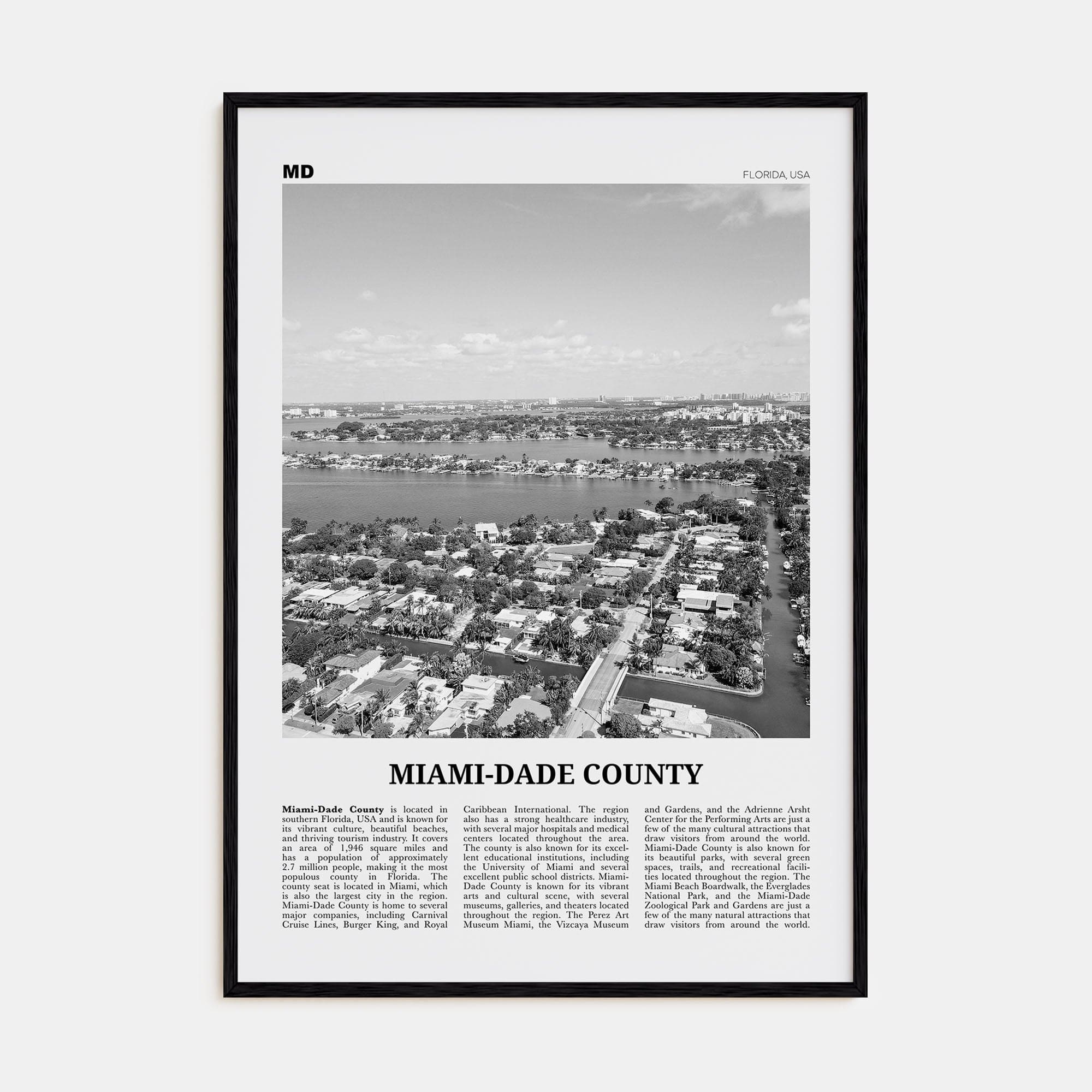 Miami-Dade County Poster Black Wood / 8x12 in Nbourhood Travel B&W Poster