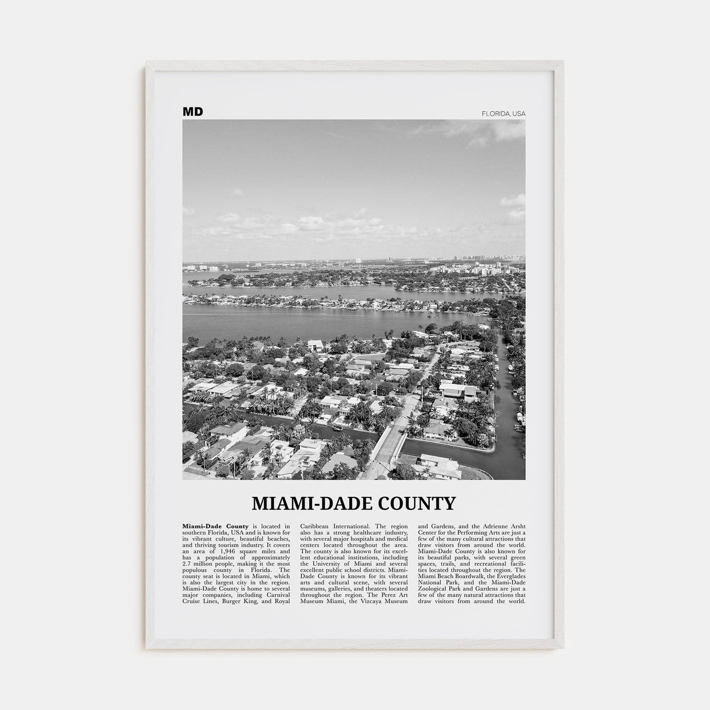 Miami-Dade County Poster White Wood / 8x12 in Nbourhood Travel B&W Poster