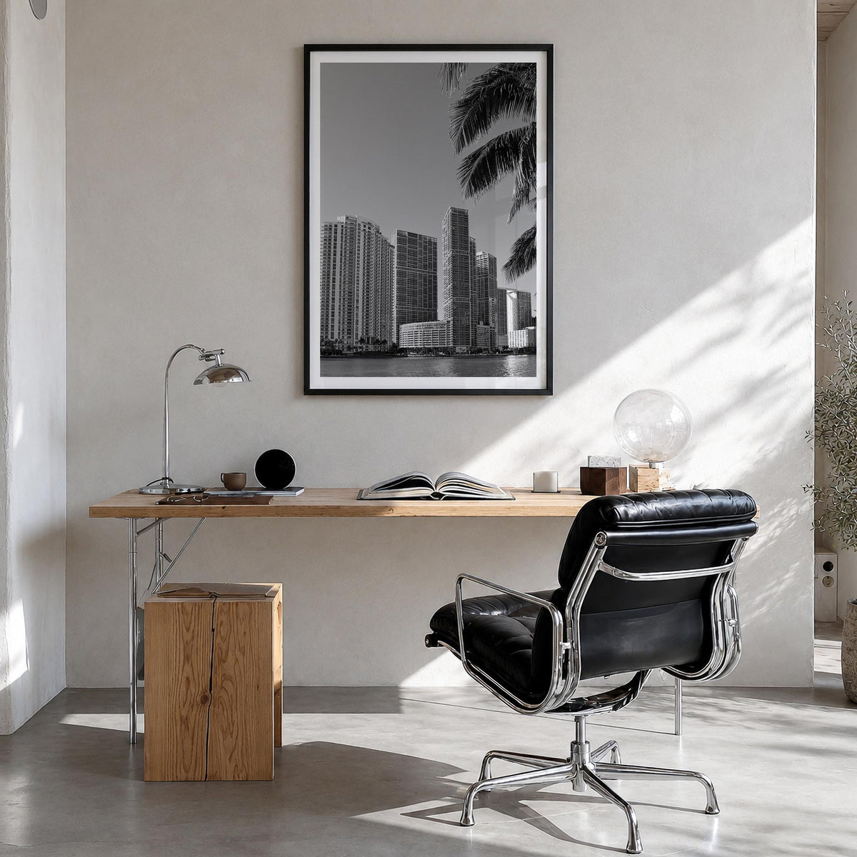 Miami no. 1 black & white photo poster of Florida, USA – vertical wall art in black wood frame with white border, hanging on 