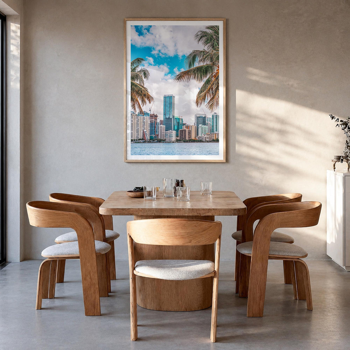 Miami no. 1 colorful photo poster of Florida, USA – vertical wall art in natural wood frame with white border, hanging on wal