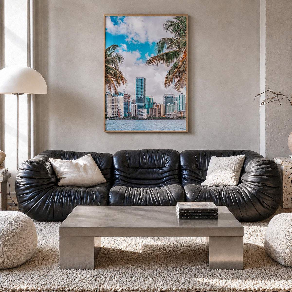 Miami no. 1 colorful photo poster of Florida, USA – vertical wall art in natural wood frame, hanging on wall