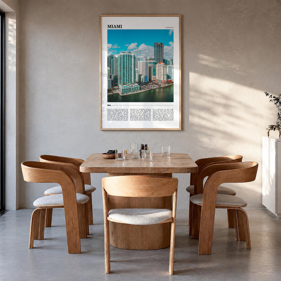 Miami no. 1 colorful travel poster of Florida, USA – vertical wall art in natural wood frame, hanging on wall