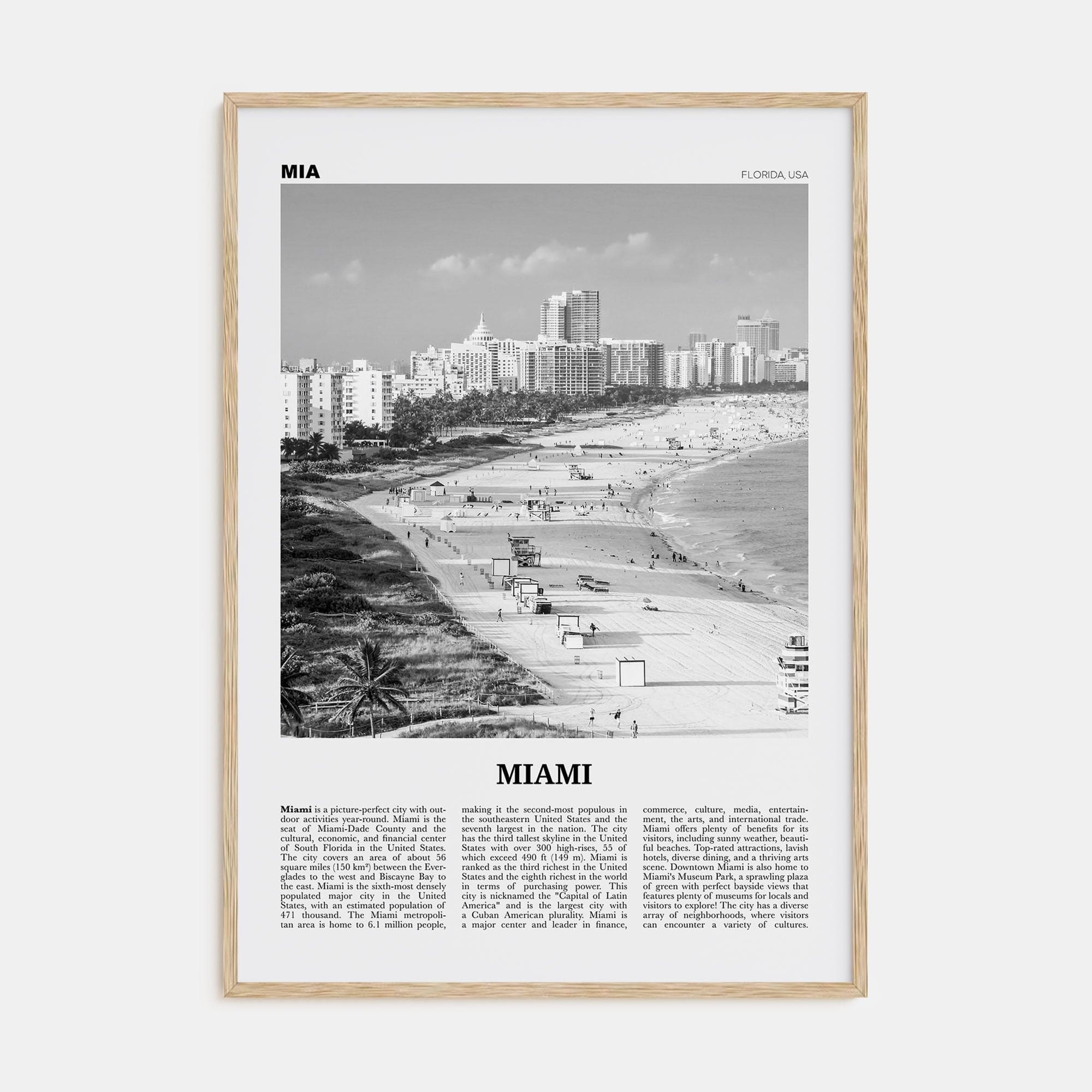 Miami No 1 Poster Natural Wood / 8x12 in Nbourhood Travel B&W Poster