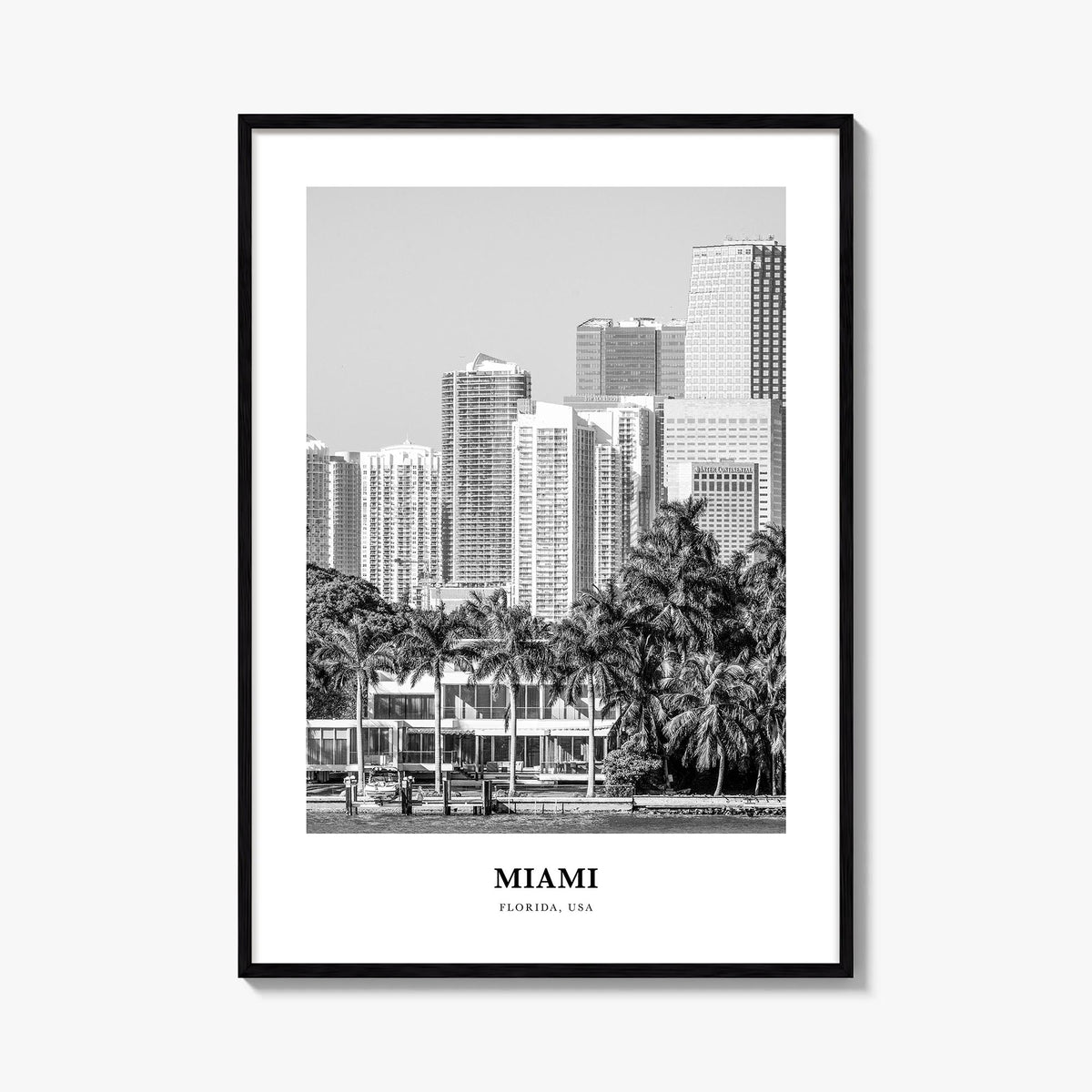 Miami no. 2 black & white classic poster of Florida, USA – vertical wall art, unframed print shown in interior mockup