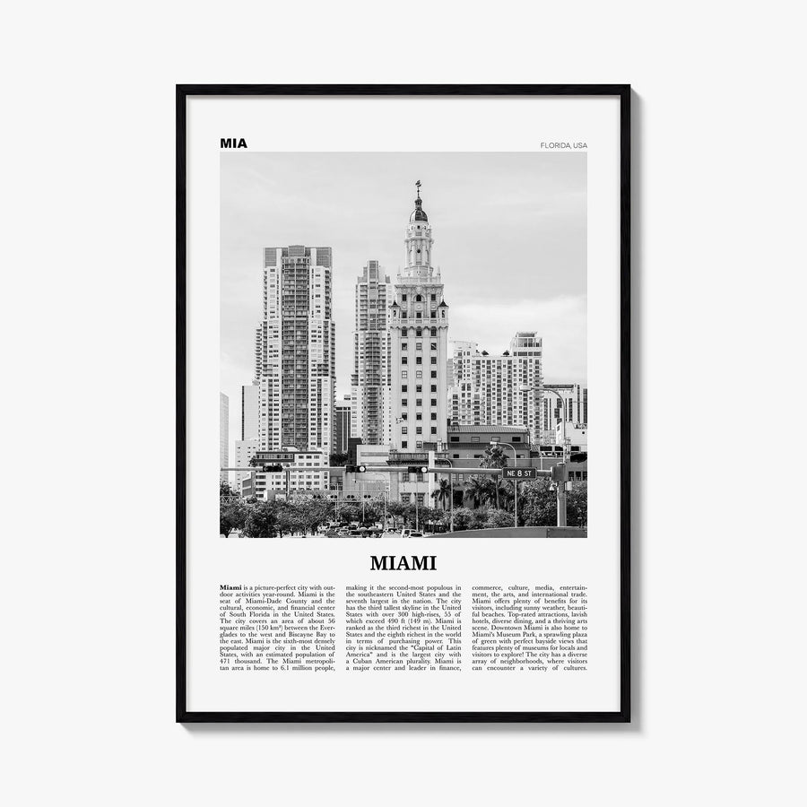 Miami no. 2 black & white newspaper poster of Florida, USA – vertical wall art, unframed print shown in interior mockup