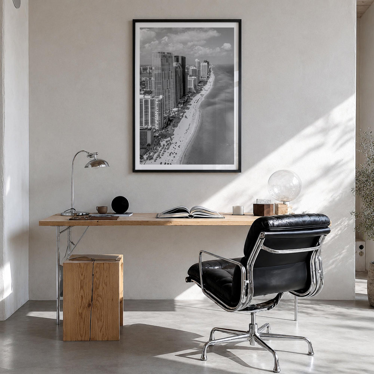 Miami no. 2 black & white photo poster of Florida, USA – vertical wall art in black wood frame with white border, hanging on 