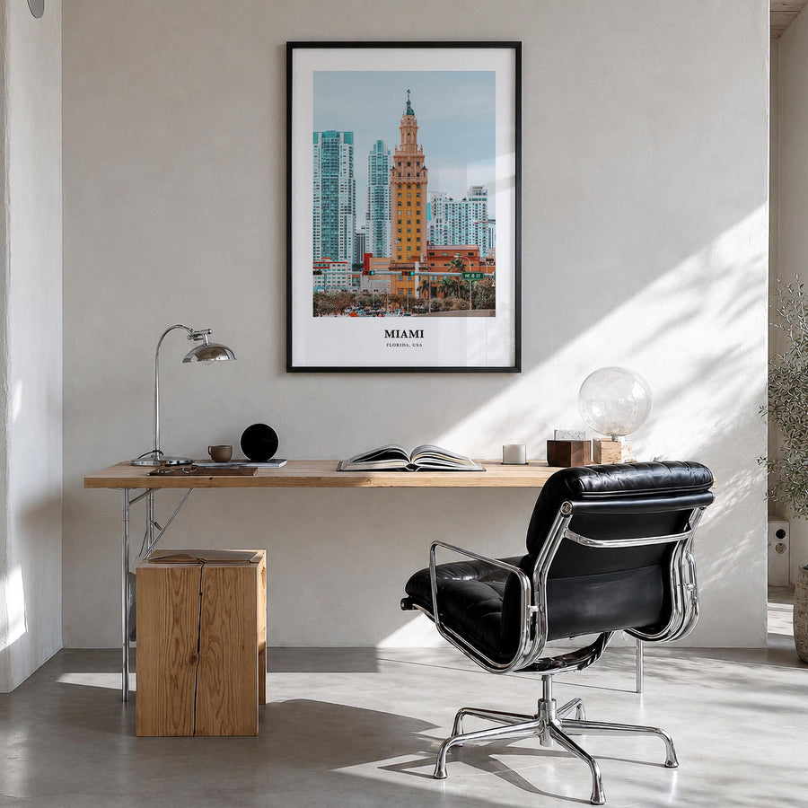 Miami no. 2 colorful classic poster of Florida, USA – vertical wall art in black wood frame, hanging on wall