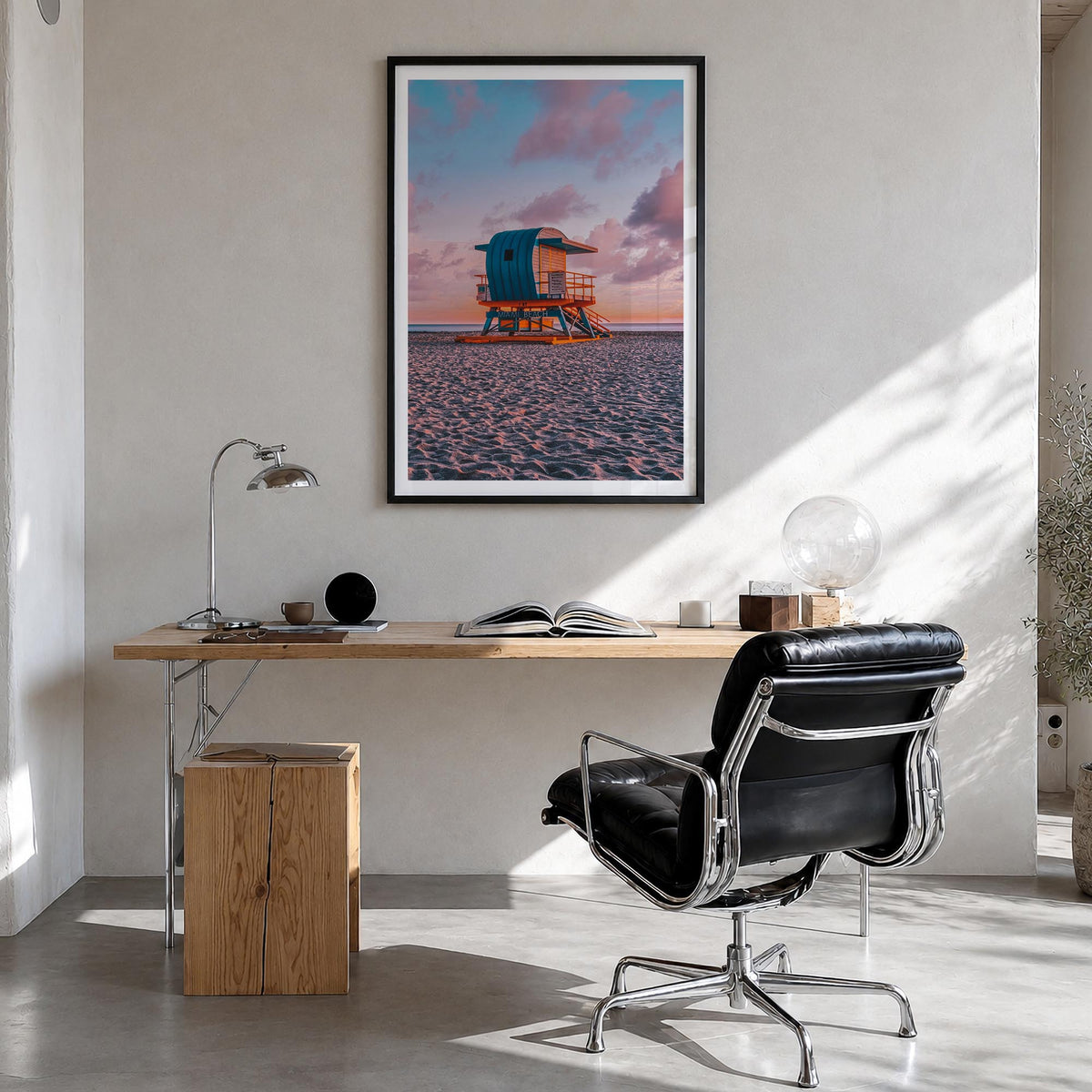 Miami no. 2 colorful photo poster of Florida, USA – vertical wall art in black wood frame with white border, hanging on wall
