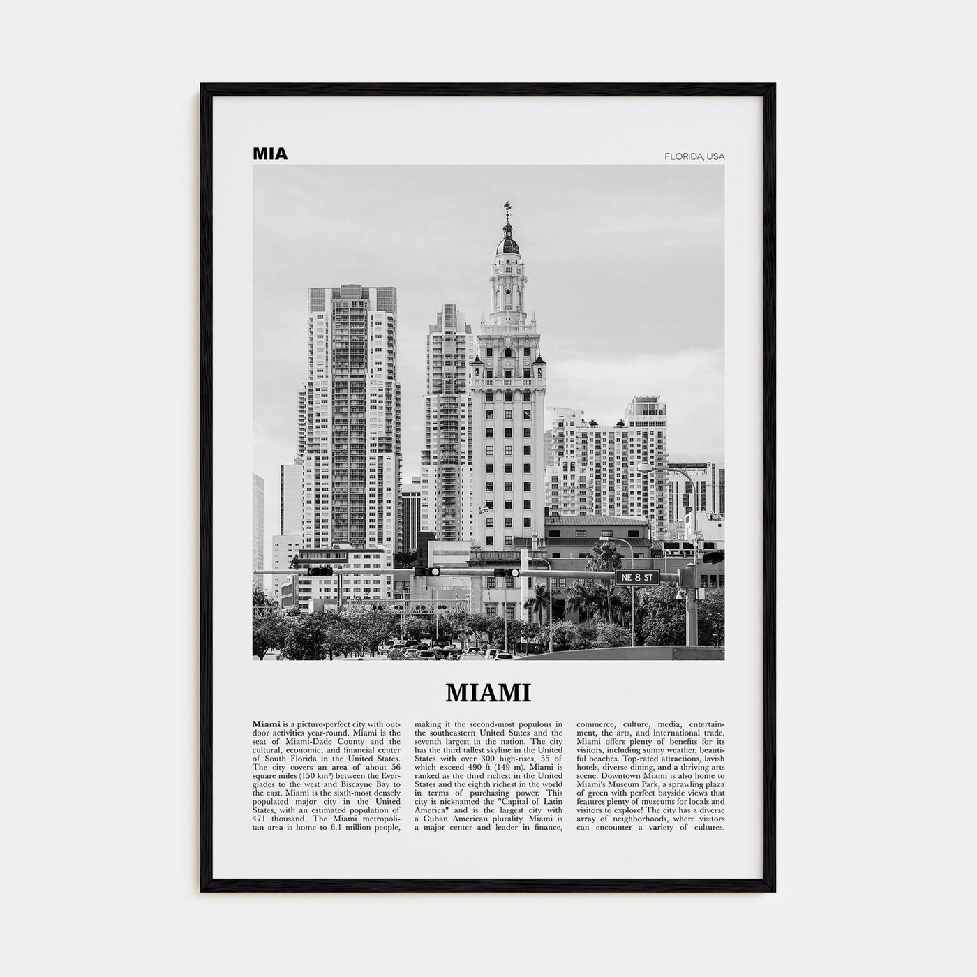 Miami No 2 Poster Black Wood / 8x12 in Nbourhood Travel B&W Poster