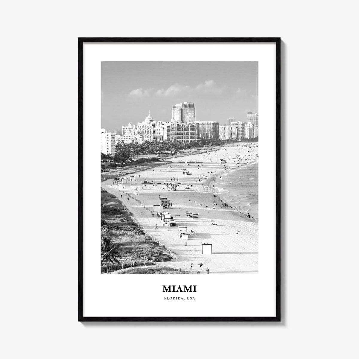 Miami no. 3 black & white classic poster of Florida, USA – vertical wall art, unframed print shown in interior mockup