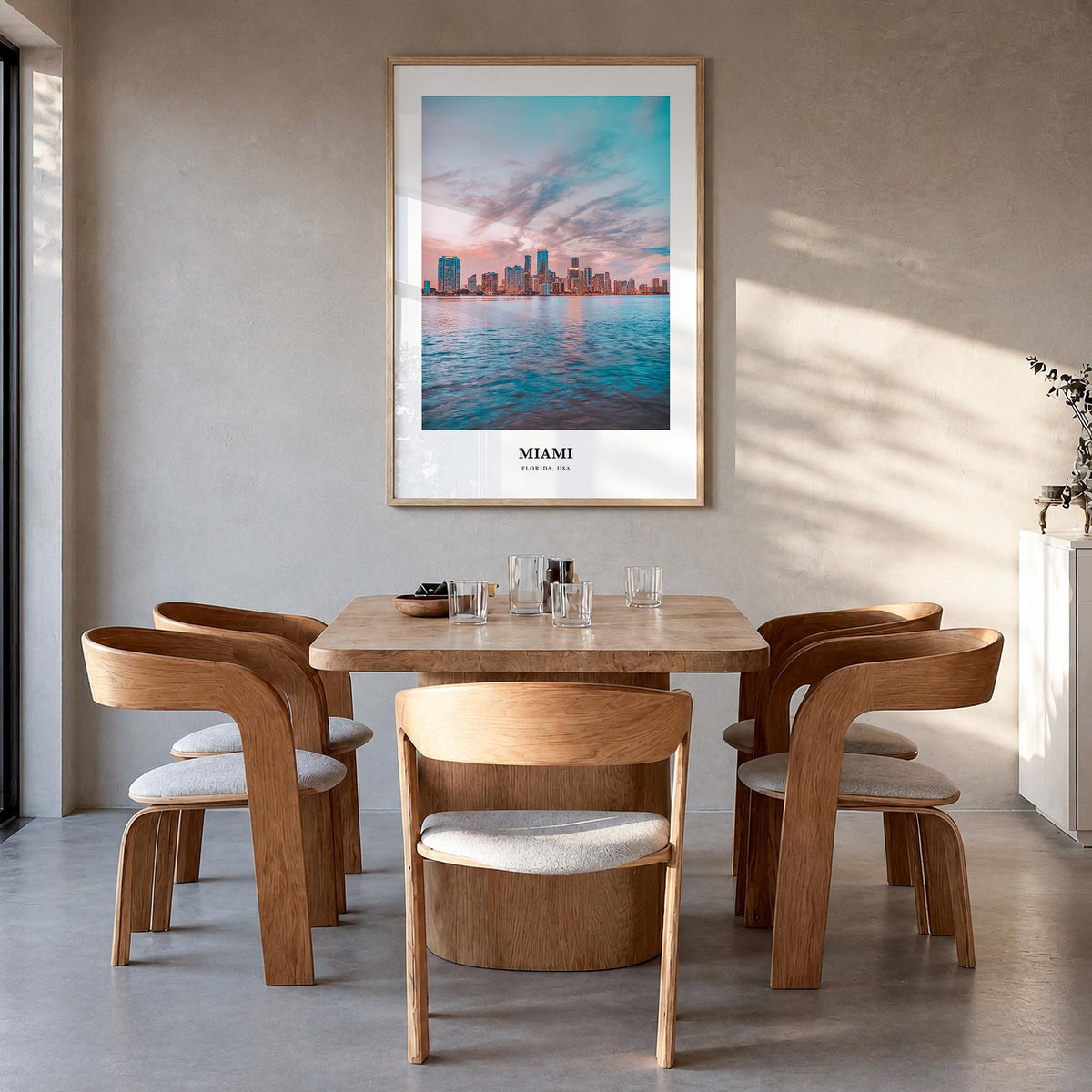 Miami no. 3 colorful classic poster of Florida, USA – vertical wall art in natural wood frame, hanging on wall