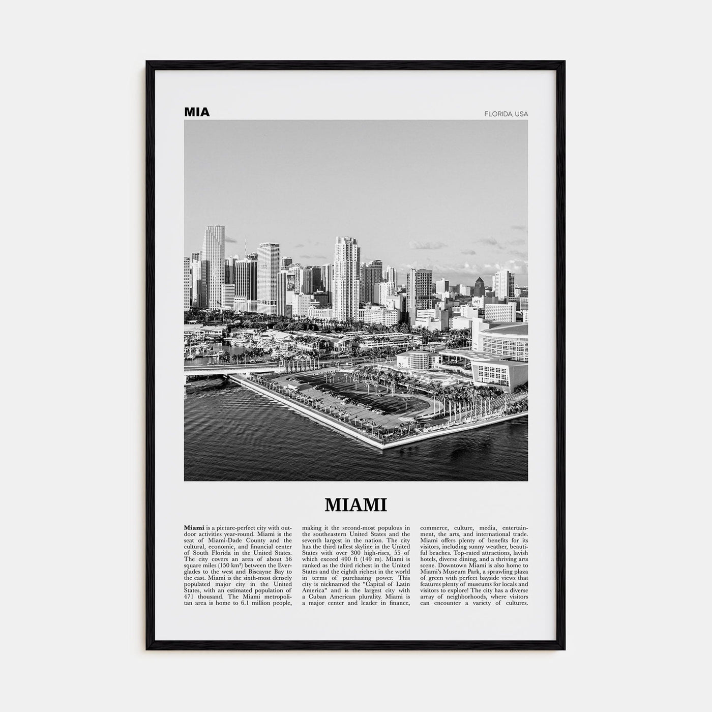 Miami No 3 Poster Black Wood / 8x12 in Nbourhood Travel B&W Poster